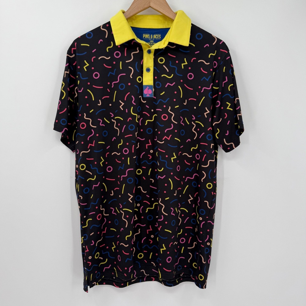 Pins & Aces Golf Polo Shirt Men Large Black Neon Confetti Print Performance‎